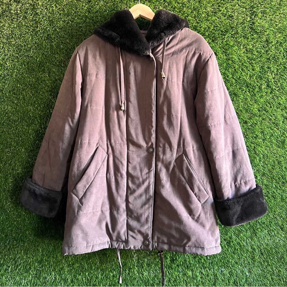 Fleet Street Faux Fur Trim Hooded Quilted Coat M Medium Holographic Lining